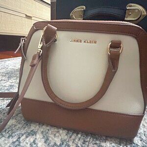Anne Klein Two-Tone Satchel Crossbody - Cream & Brown Faux Leather